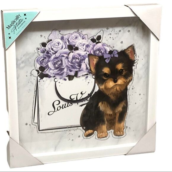 Designer Yorkie Shadow Box Wall Art Shopping Dog Bog Frame Pet lavender Flowers - Picture 1 of 6